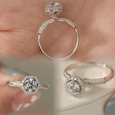 halo lab diamond ring collage, pavé band and hidden ruby details, 18K white gold